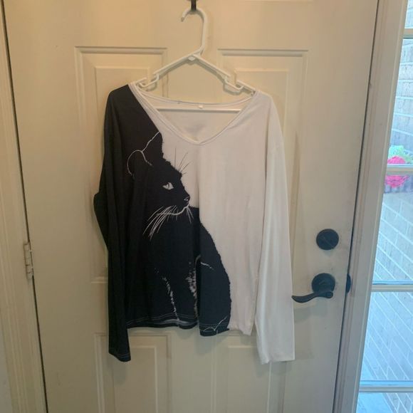 Women's T shirt Tee Black Color Block Cat Print Long Sleeve Top size XL - Picture 4 of 4